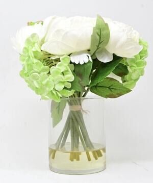 13" Artificial Peony Hydrangea and Tulip Glass Arrangement